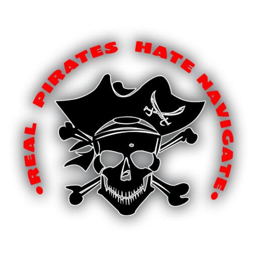 Nadruk czaszki pirata z napisem „Hate Navigate” na białym tle