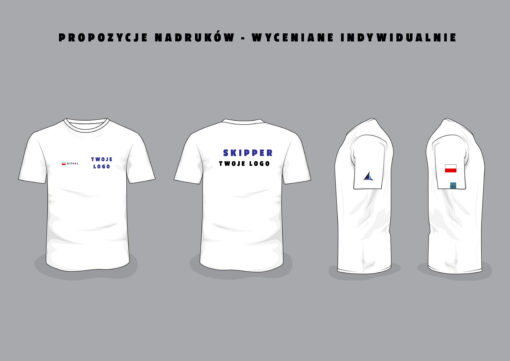 Projekt koszulki żeglarskiej z nadrukami: SKIPPER, imię, logo i flaga