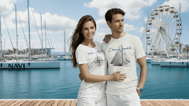 koszulki żeglarskie damskie i męskie na tle poru jachtowego