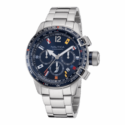 Zegarek żeglarski Nautica NAPBFF106 BFC Chronograph – bransoleta stalowa, granatowa tarcza z flagami, 46 mm, WR 100 m