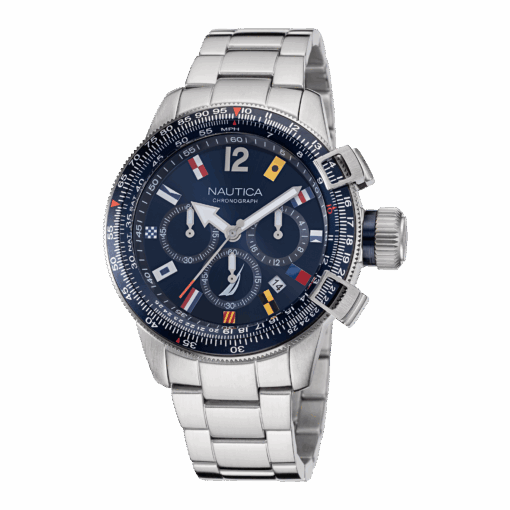 Zegarek żeglarski Nautica NAPBFF106 BFC Chronograph – bransoleta stalowa, granatowa tarcza z flagami, 46 mm, WR 100 m