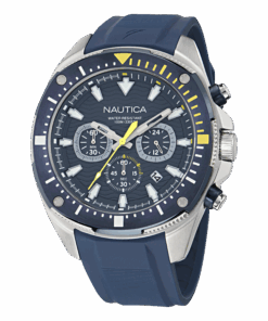 Zegarek żeglarski Nautica NAPBSF502 – granatowa tarcza, trzy subtarcze, żółte akcenty, pasek silikonowy, WR 100 m