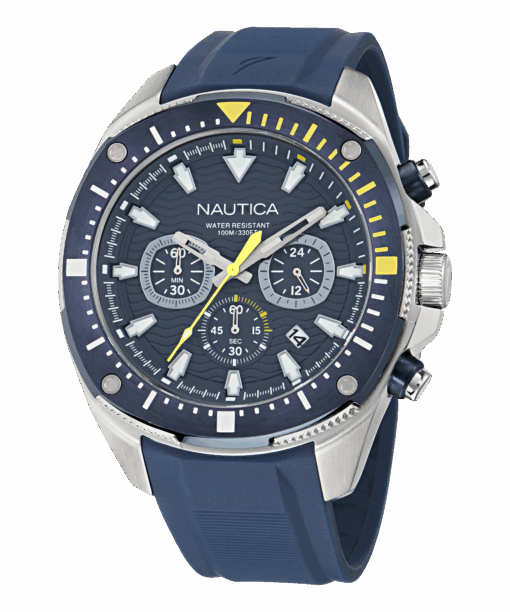 Zegarek żeglarski Nautica NAPBSF502 – granatowa tarcza, trzy subtarcze, żółte akcenty, pasek silikonowy, WR 100 m