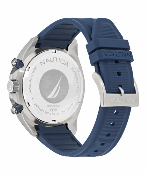 Nautica NAPBSF502 – stalowy dekiel z żaglem, granatowy pasek silikonowy i klamra z logo, WR 100 m