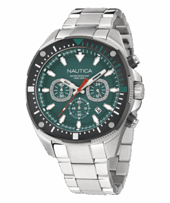 Zegarek żeglarski Nautica NAPBSF504 – zielona tarcza, chronograf, bransoleta stalowa, WR 100 m