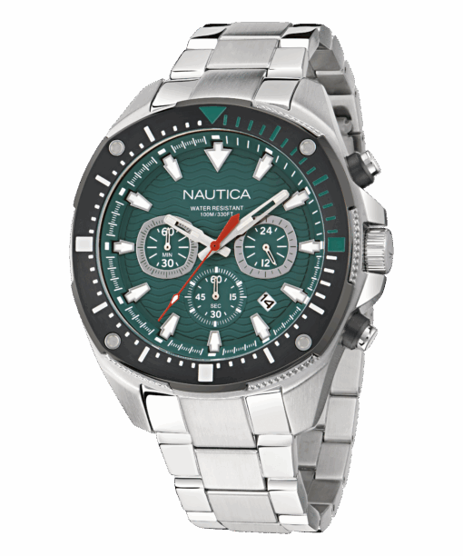Zegarek żeglarski Nautica NAPBSF504 – zielona tarcza, chronograf, bransoleta stalowa, WR 100 m