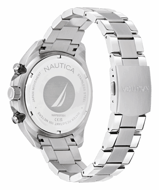 Nautica NAPBSF504 – stalowy dekiel z żaglem, bransoleta stalowa, WR 100 m