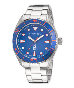 Zegarek żeglarski Nautica NAPFWS221 N83 Finn World (Steel) – stalowa bransoleta, koperta 44 mm, szkło mineralne, WR 50 m. Klasyka marine na co dzień i na prezent.