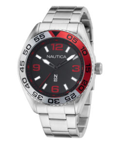 Zegarek żeglarski Nautica NAPFWS306 N83 Finn World Recycled – czarna tarcza, czerwony bezel, bransoleta stalowa, WR 50 m
