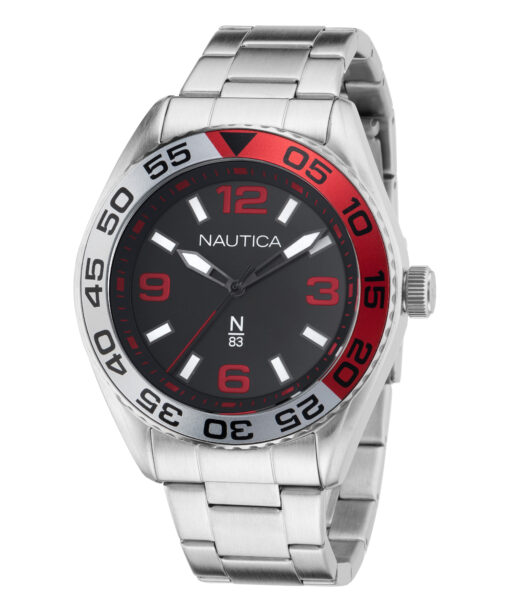 Zegarek żeglarski Nautica NAPFWS306 N83 Finn World Recycled – czarna tarcza, czerwony bezel, bransoleta stalowa, WR 50 m