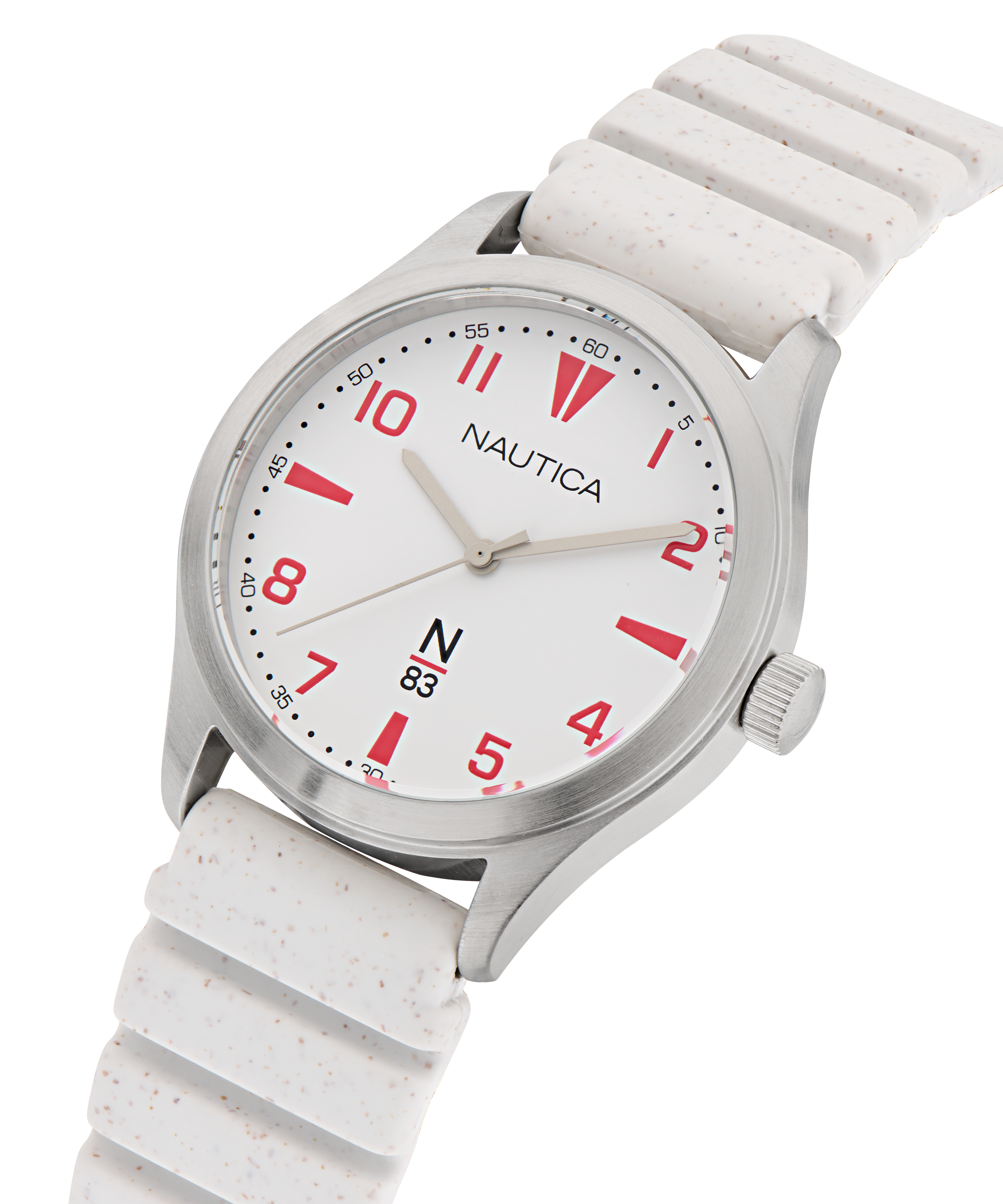 Nautica NAPHBS403 – zbliżenie tarczy, czerwone indeksy, stalowa koperta, pasek silikonowy