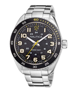 Zegarek żeglarski Nautica NAPKBS224 Key Biscayne – czarna tarcza, żółte akcenty, stalowa bransoleta, WR 100 m
