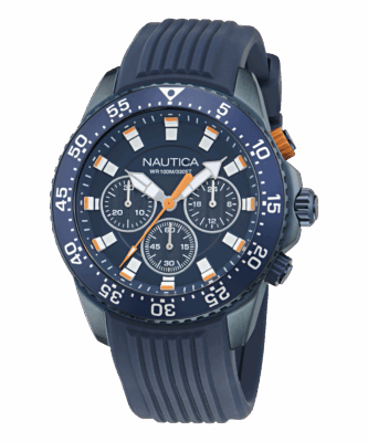 Zegarek żeglarski Nautica NAPNOF501 ONE Sporty – chronograf, granatowa tarcza i bezel, pomarańczowe akcenty, pasek silikonowy, WR 100 m