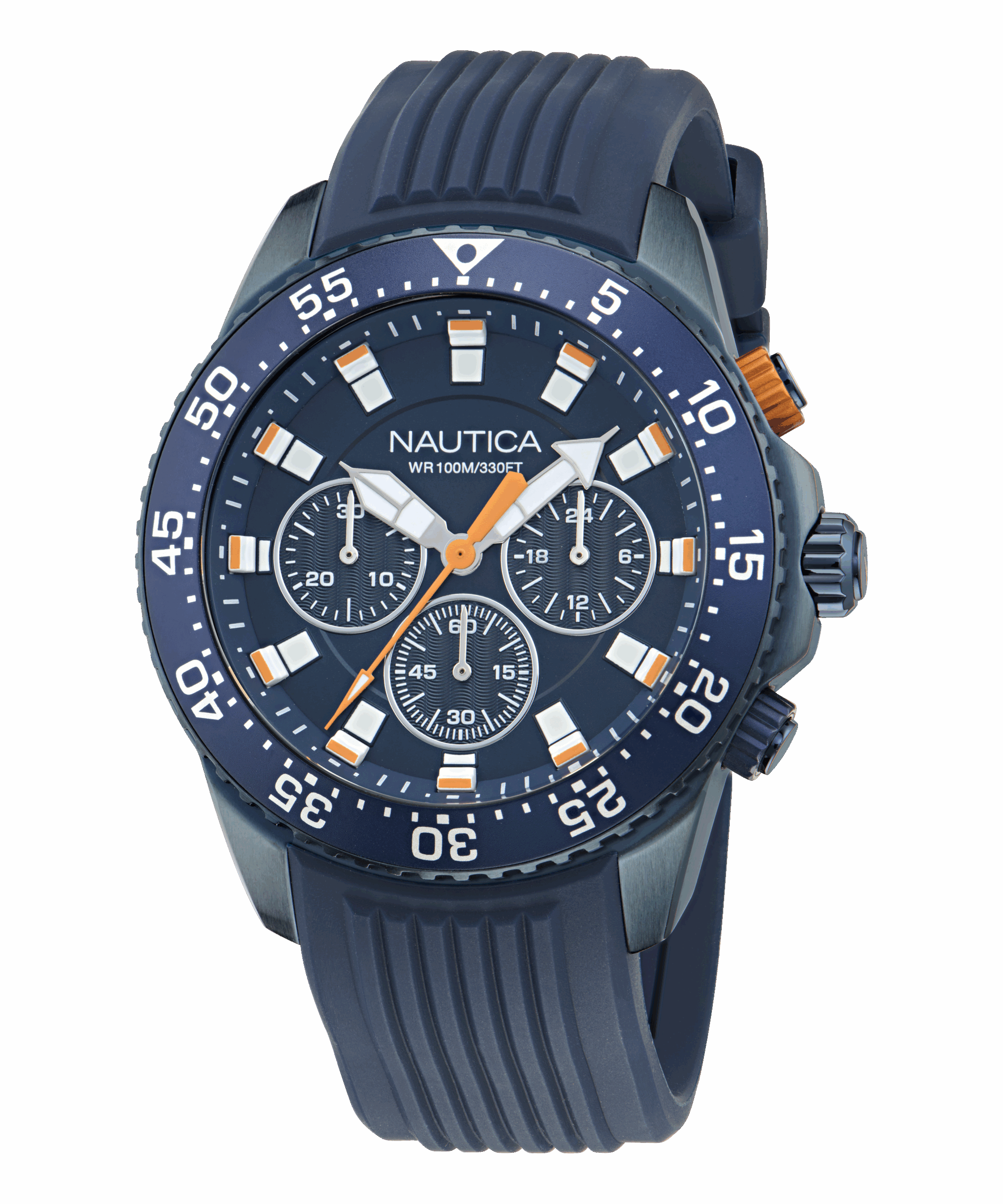 Zegarek żeglarski Nautica NAPNOF501 ONE Sporty – chronograf, granatowa tarcza i bezel, pomarańczowe akcenty, pasek silikonowy, WR 100 m