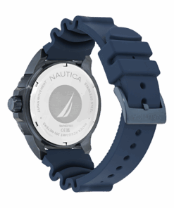 Nautica NAPSDF503 – stalowy dekiel z logo żagla, granatowy pasek silikonowy z klamrą, WR 200 m