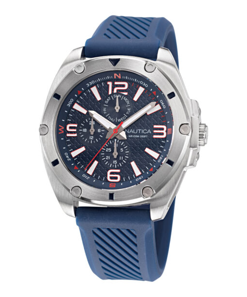 Zegarek żeglarski Nautica NAPTCS224 Tin Can Bay – granatowa tarcza, 3 subtarcze (dzień tygodnia/24h/sekundy), pasek silikonowy, WR 100 m