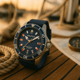 Zegarek żeglarski Nautica na niebieskim pasku silikonowym, stalowa koperta i granatowa tarcza, na tle pokładu jachtu z liną i morzem w tle.