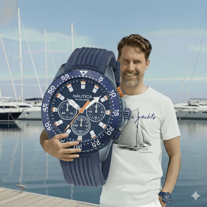 Mężczyzna w koszulce żeglarskiej Classic Yachts Columbia Black prezentuje zegarek Nautica One Sporty na tle jachtów w marinie
