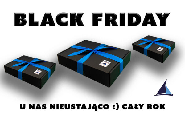 Czarne pudełka prezentowe Navinations z niebieską wstążką – zapowiedź Black Friday.Czarne pudełka prezentowe Navinations z niebieską wstążką – zapowiedź Black Friday.