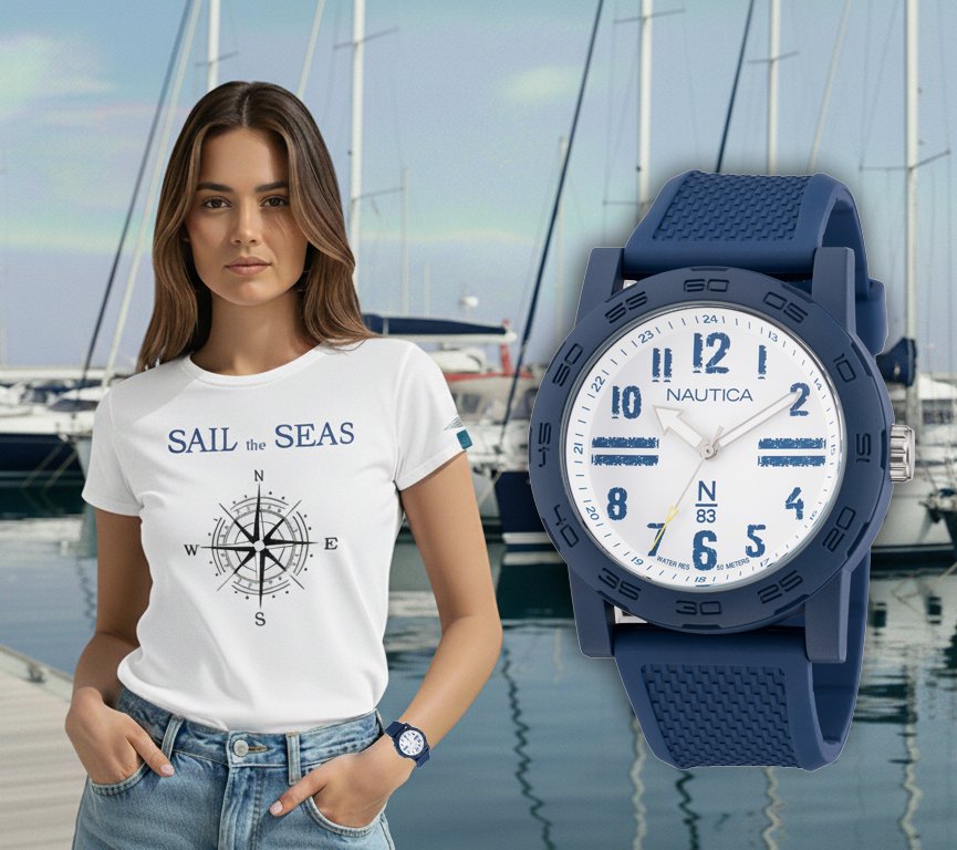 żeglarka w koszulce Sail the Sea i zegarku Nautica Ayia Triada – zestaw na prezent