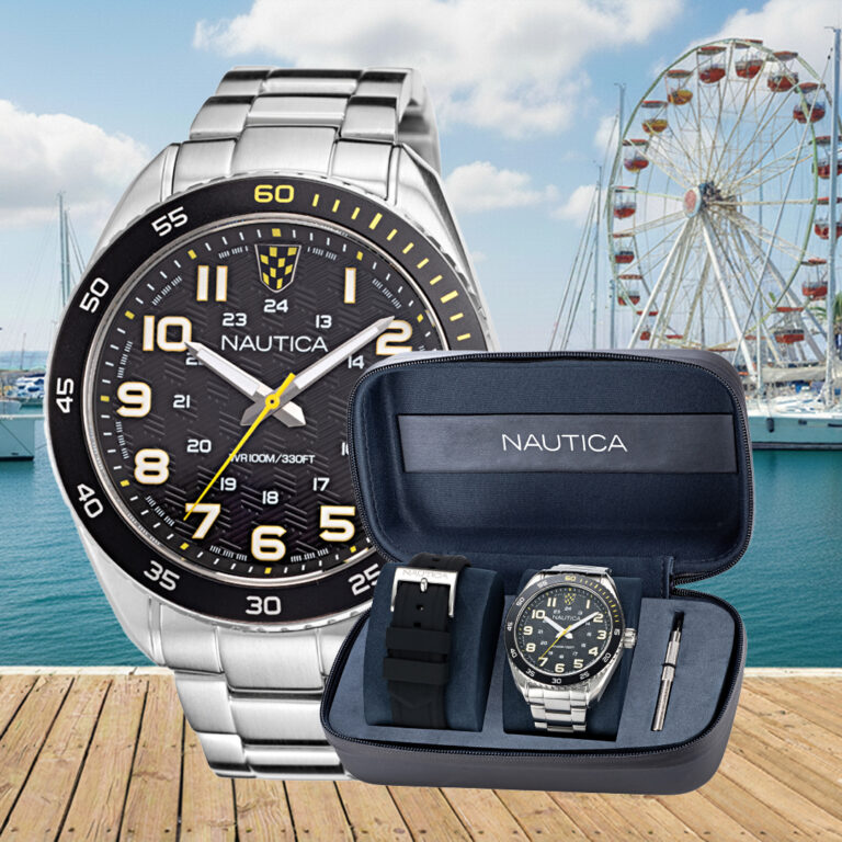 Zegarek żeglarski Nautica z wymiennymi paskami w eleganckim etui na tle mariny i molo