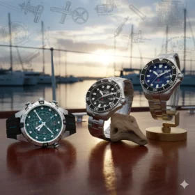 Zegarki żeglarskie Timex Expedition North i Timex Deepwater na pokładzie jachtu o zachodzie słońca, z historycznymi szkicami w tle.