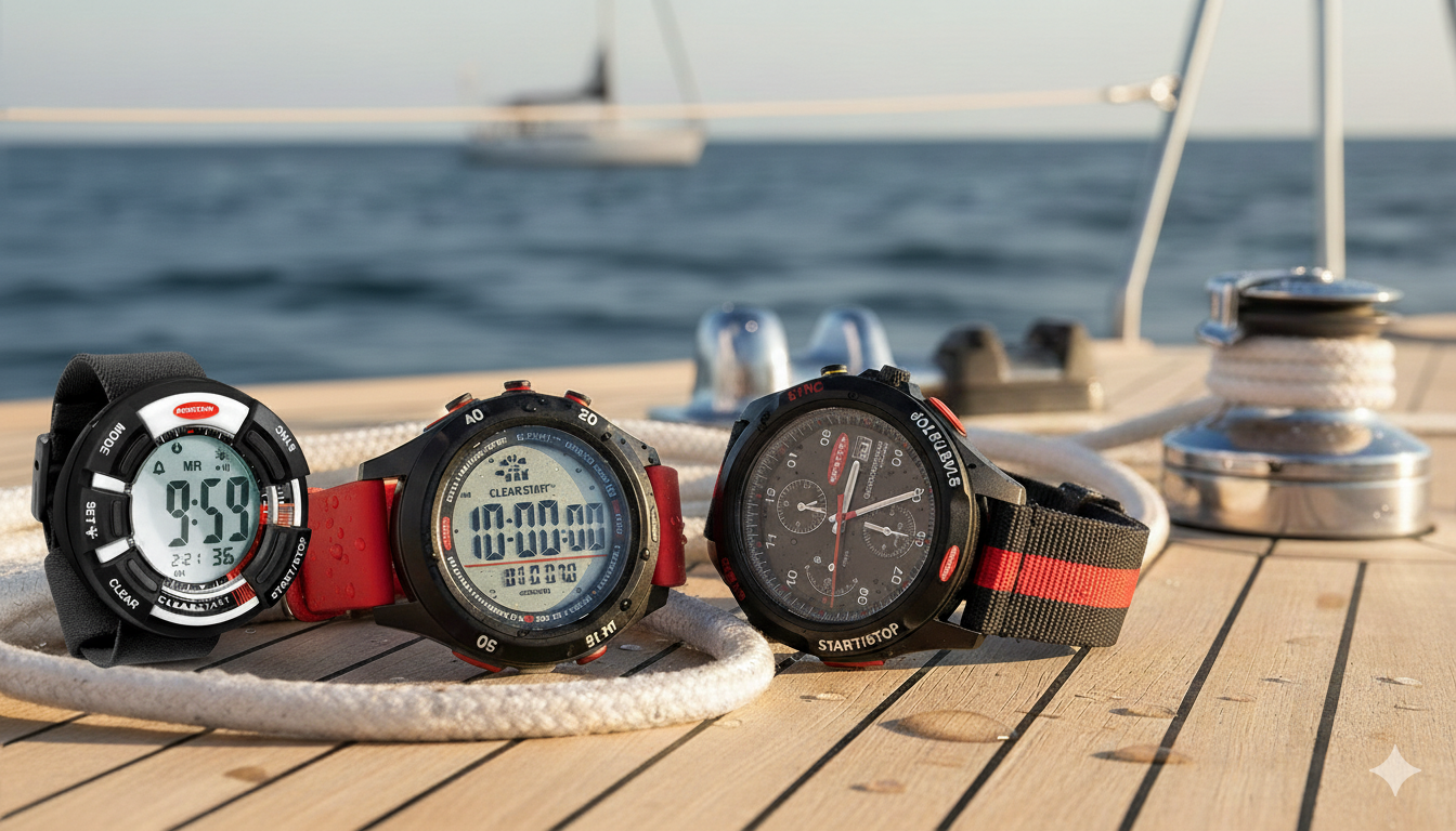 Zegarki żeglarskie Ronstan ClearStart – stoper regatowy i chronograf na pokładzie jachtu, kompozycja lifestyle