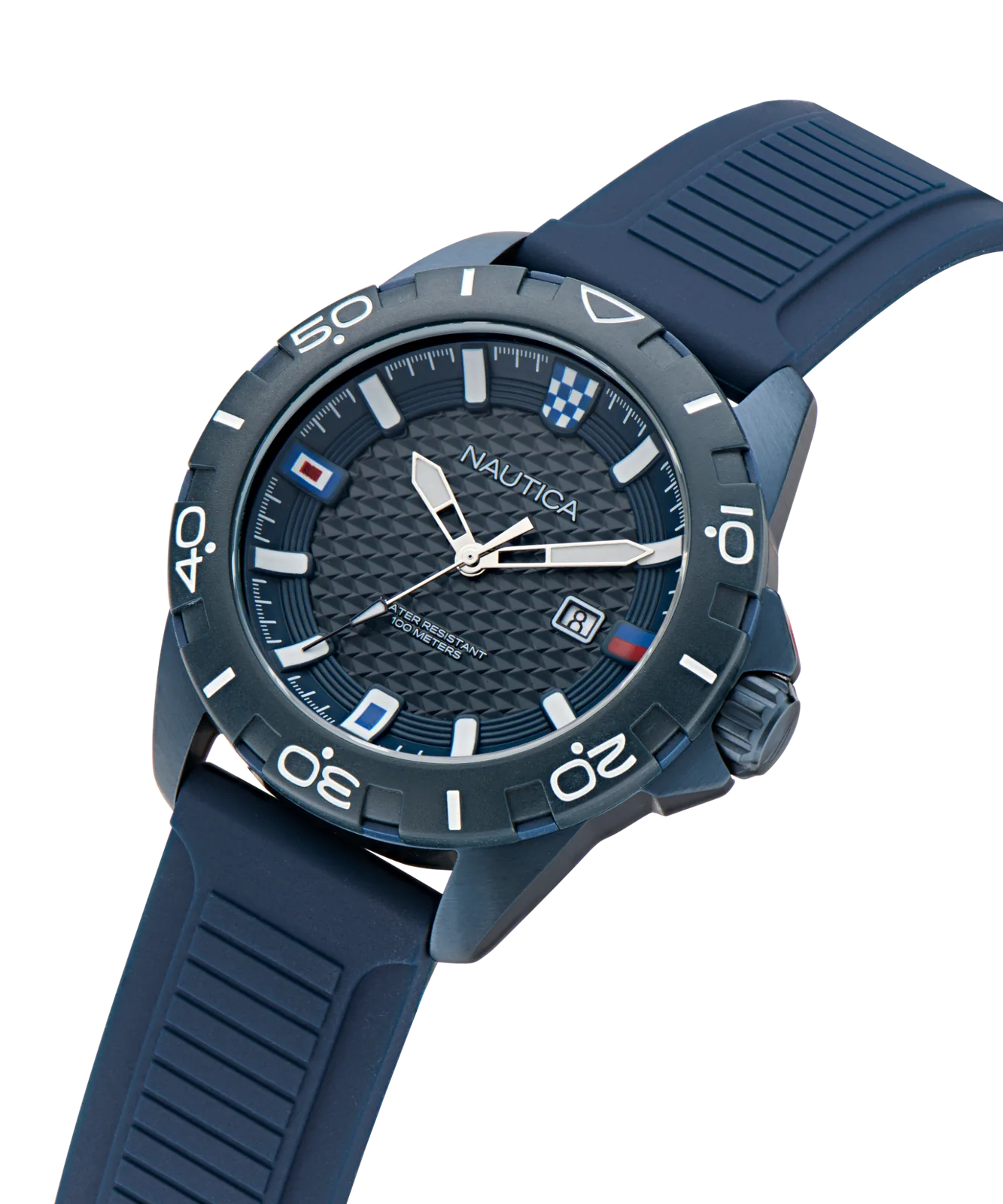 Nautica NAPNRS506 – ujęcie pod kątem, granatowa koperta i pasek z tworzywa