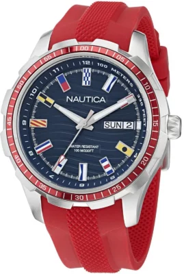 Zegarek żeglarski Nautica NAPNSF510 – day-date, czerwony pasek, przód