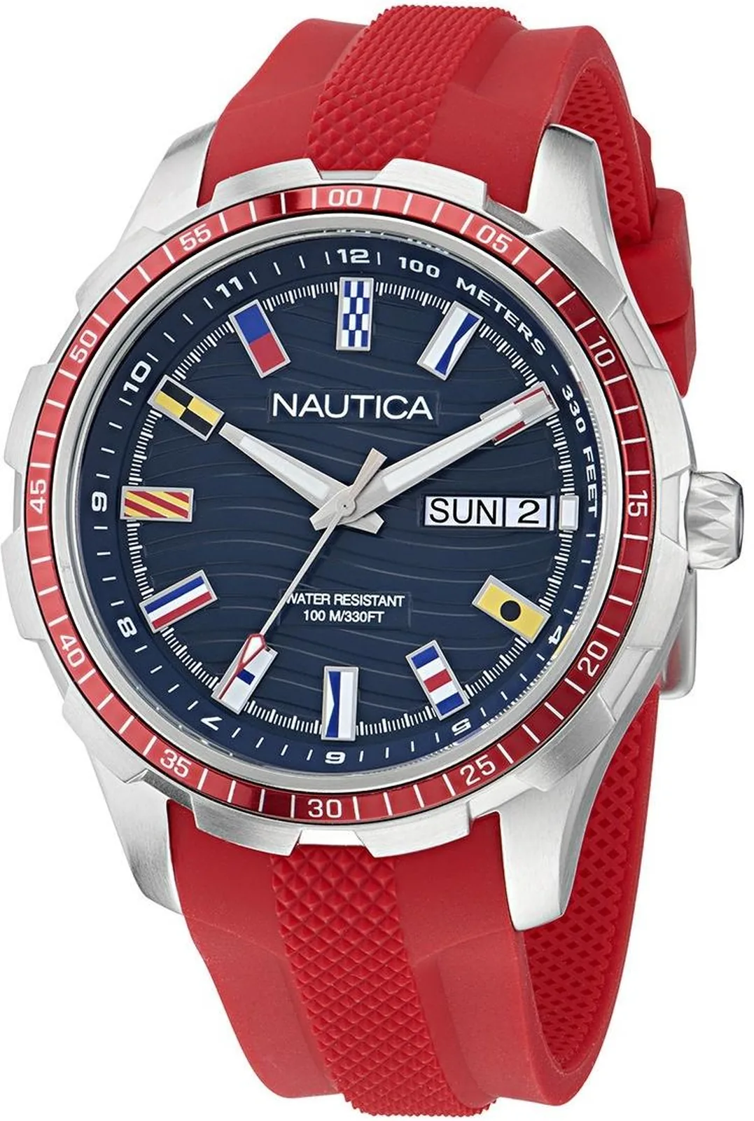 Zegarek żeglarski Nautica NAPNSF510 – day-date, czerwony pasek, przód