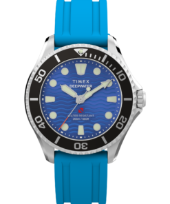 Timex Deepwater Meridian 200 38 mm TW2Y40400 â€“ widok z przodu, niebieska tarcza, turkusowy pasek HNBR