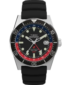 Timex Deepwater Reef 200 GMT TW2W75000 – przód (tło transparentne), tarcza z GMT i bezel nurkowy.
