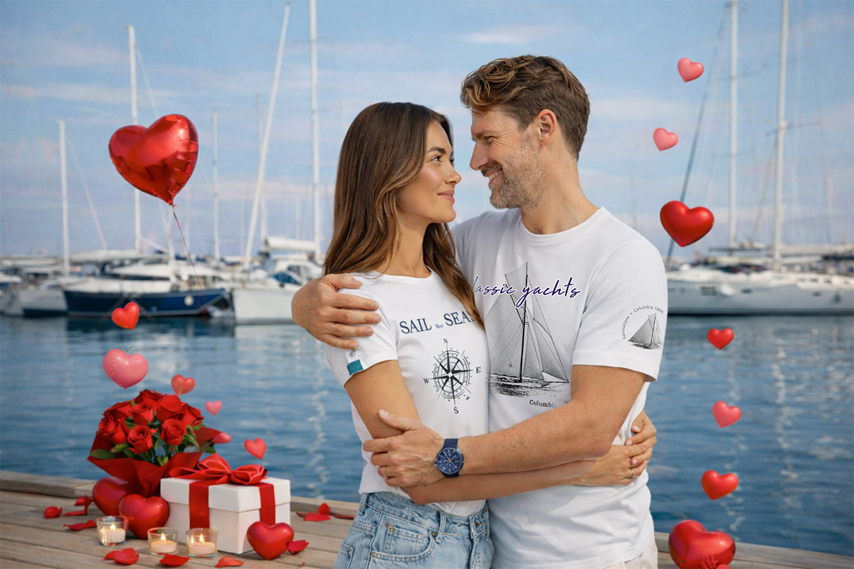 Zakochana para żeglarzy w koszulkach żeglarskich – walentynkowe prezenty dla niej i dla niego