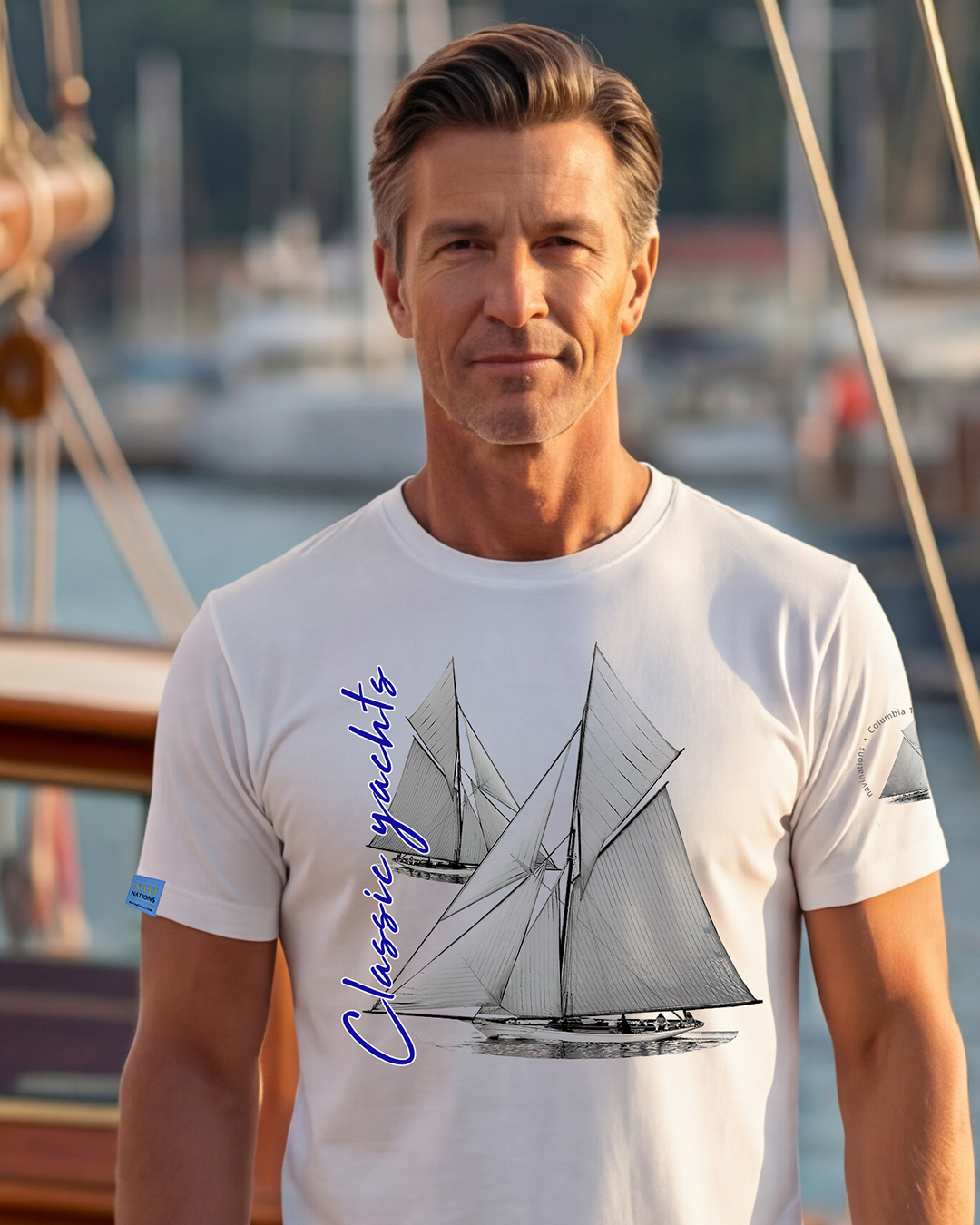 Mężczyzna w białej koszulce żeglarskiej Classic Yachts Reliance 1903 na tle mariny