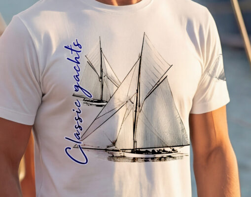 Baner z męską koszulką żeglarską Classic Yachts Reliance 1903 – Time to Sail 2026