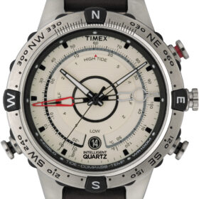Zegarek żeglarski Timex IQ T2N721 – Tide·Temp·Compass z brązowym skórzanym paskiem