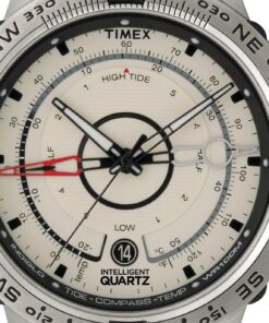 Timex T2N721 Intelligent Quartz — zbliżenie tarczy z funkcjami Tide chart, termometr, kompas analogowy