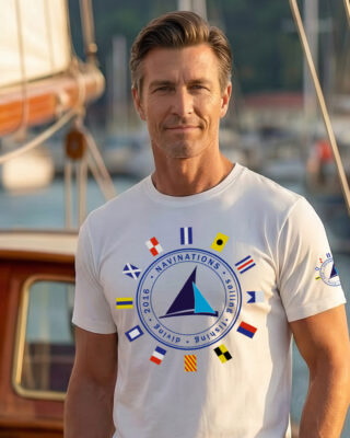 Mężczyzna w białej koszulce żeglarskiej International Code of Signals ICS przy marinie