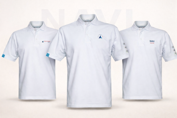Trzy białe koszulki żeglarskie polo premium z subtelnym napisem NAVI w tle