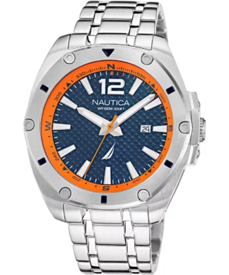 Zegarek żeglarski Nautica NAPTCS220 – Tin Can Bay Stainless Steel 3-Hand (Grey/Blue/Orange)
