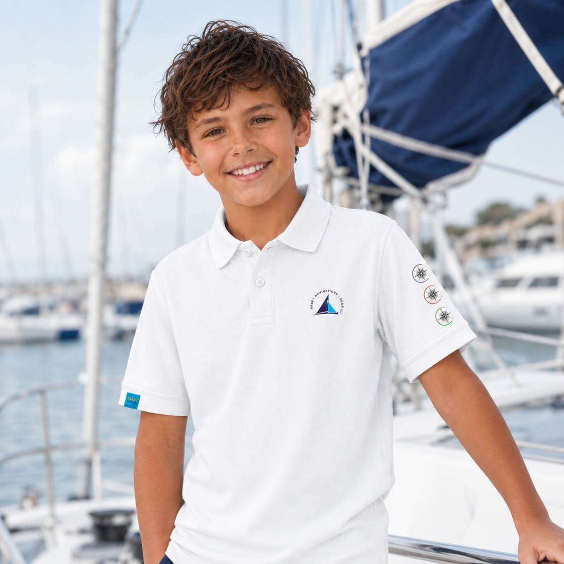 Chłopiec w białej dziecięcej koszulce żeglarskiej polo Navinations Yacht Club