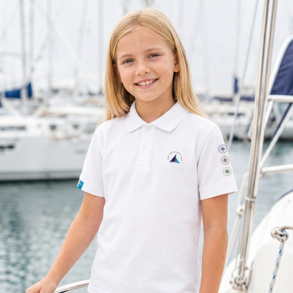 Dziewczynka w białej dziecięcej koszulce żeglarskiej polo Navinations Yacht Club