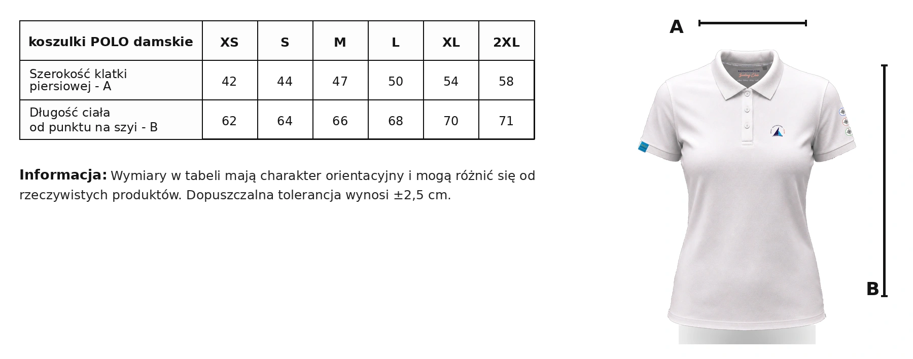 Tabela rozmiarów damskich koszulek polo Navinations