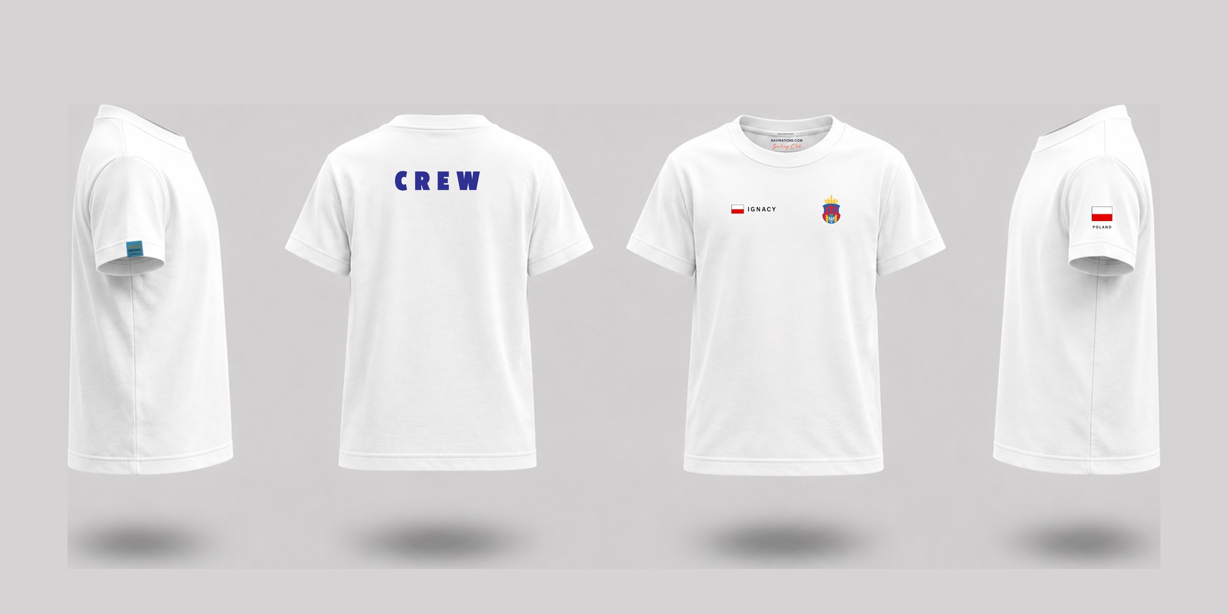 T-shirt na rejs CREW dziecięcy – bok, tył z napisem CREW, przód z imieniem i flagą PL