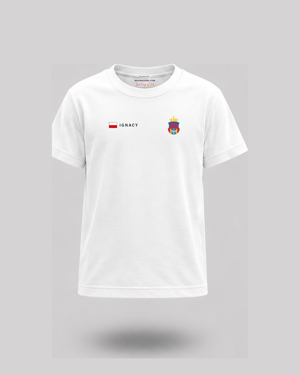 T-shirt na rejs CREW dziecięcy – przód z imieniem, flagą PL i herbem klubu