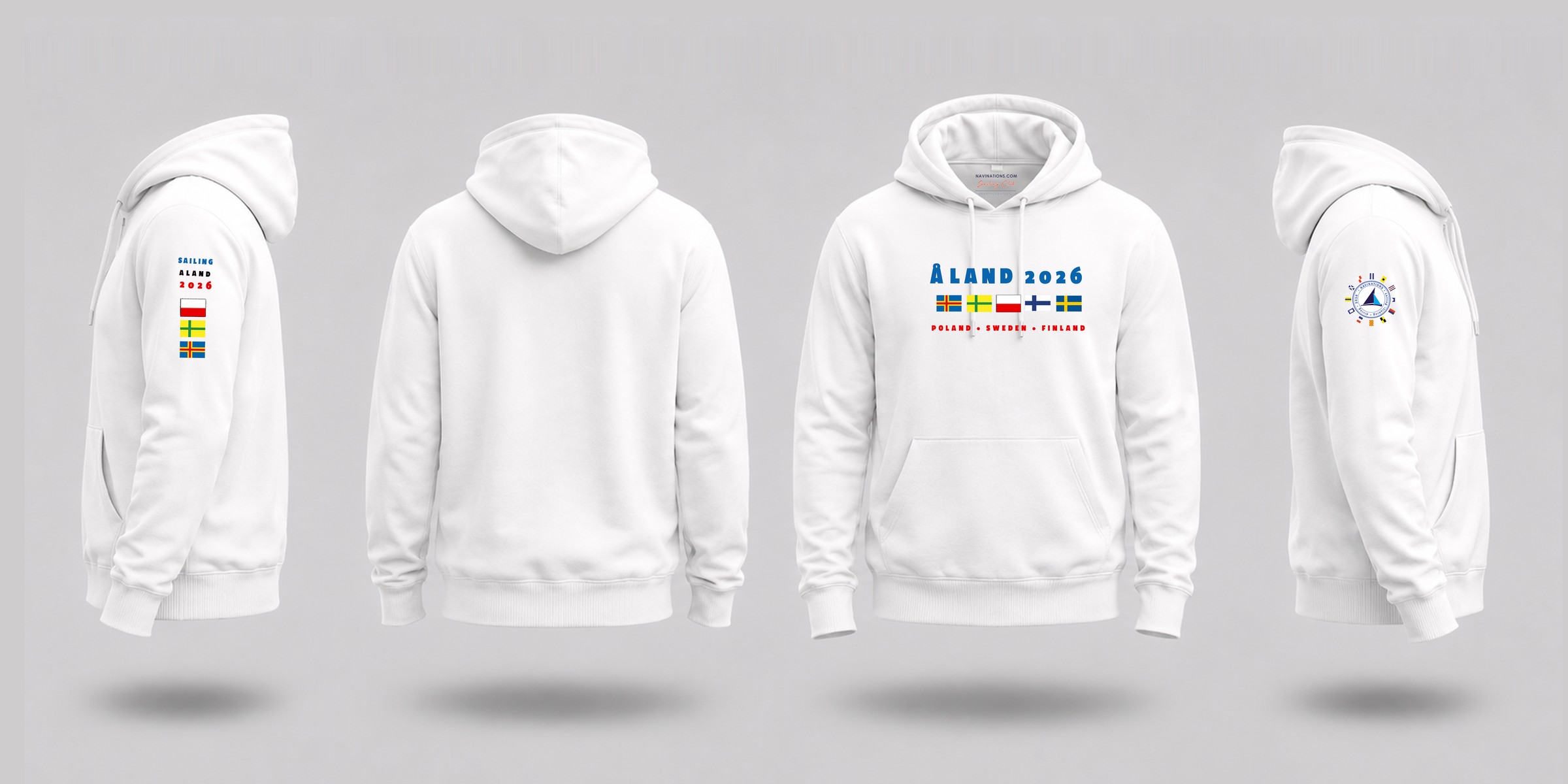 Bluza żeglarska personalizowana kangurka — komplet załogi, cztery ujęcia: bok, tył, przód z nadrukiem, bok