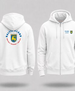 Bluza żeglarska personalizowana rozpinana z zamkiem — komplet załogi, cztery ujęcia: bok, tył z herbem, przód z zamkiem, bok