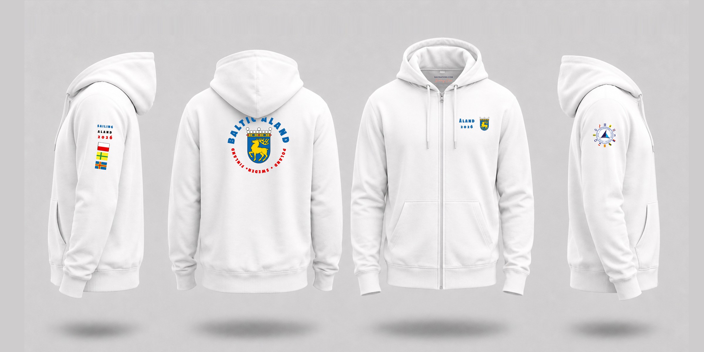 Bluza żeglarska personalizowana rozpinana z zamkiem — komplet załogi, cztery ujęcia: bok, tył z herbem, przód z zamkiem, bok