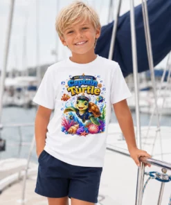 Chłopiec na jachcie w białej koszulce dziecięcej Captain Turtle z żółwiem-kapitanem — NAVI Kids