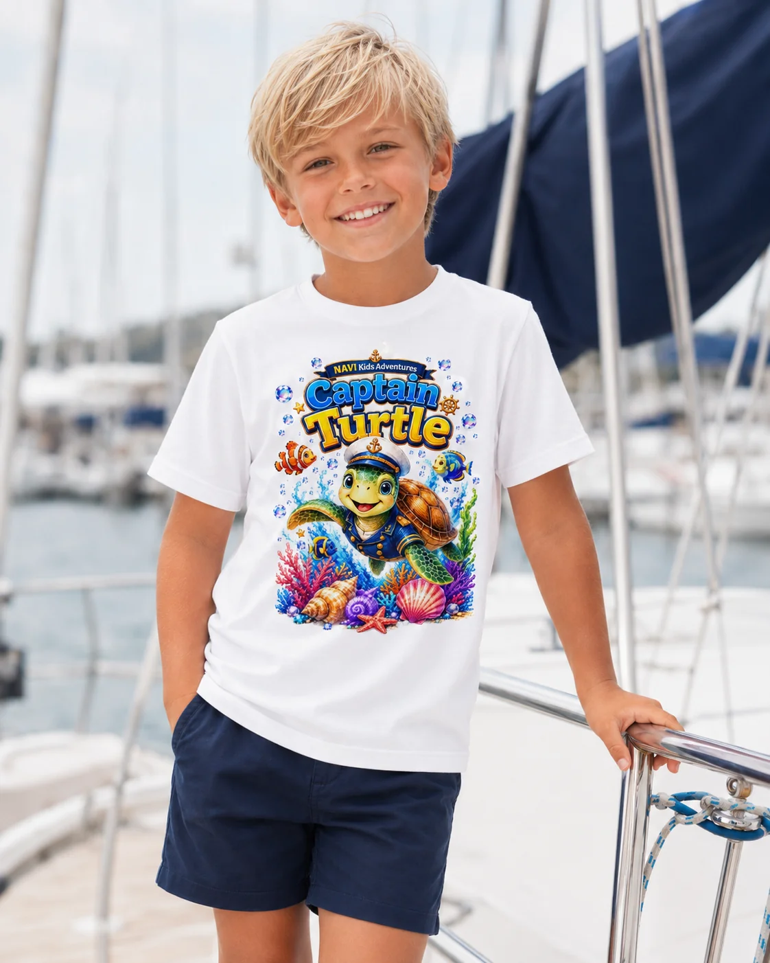 Chłopiec na jachcie w białej koszulce dziecięcej Captain Turtle z żółwiem-kapitanem — NAVI Kids